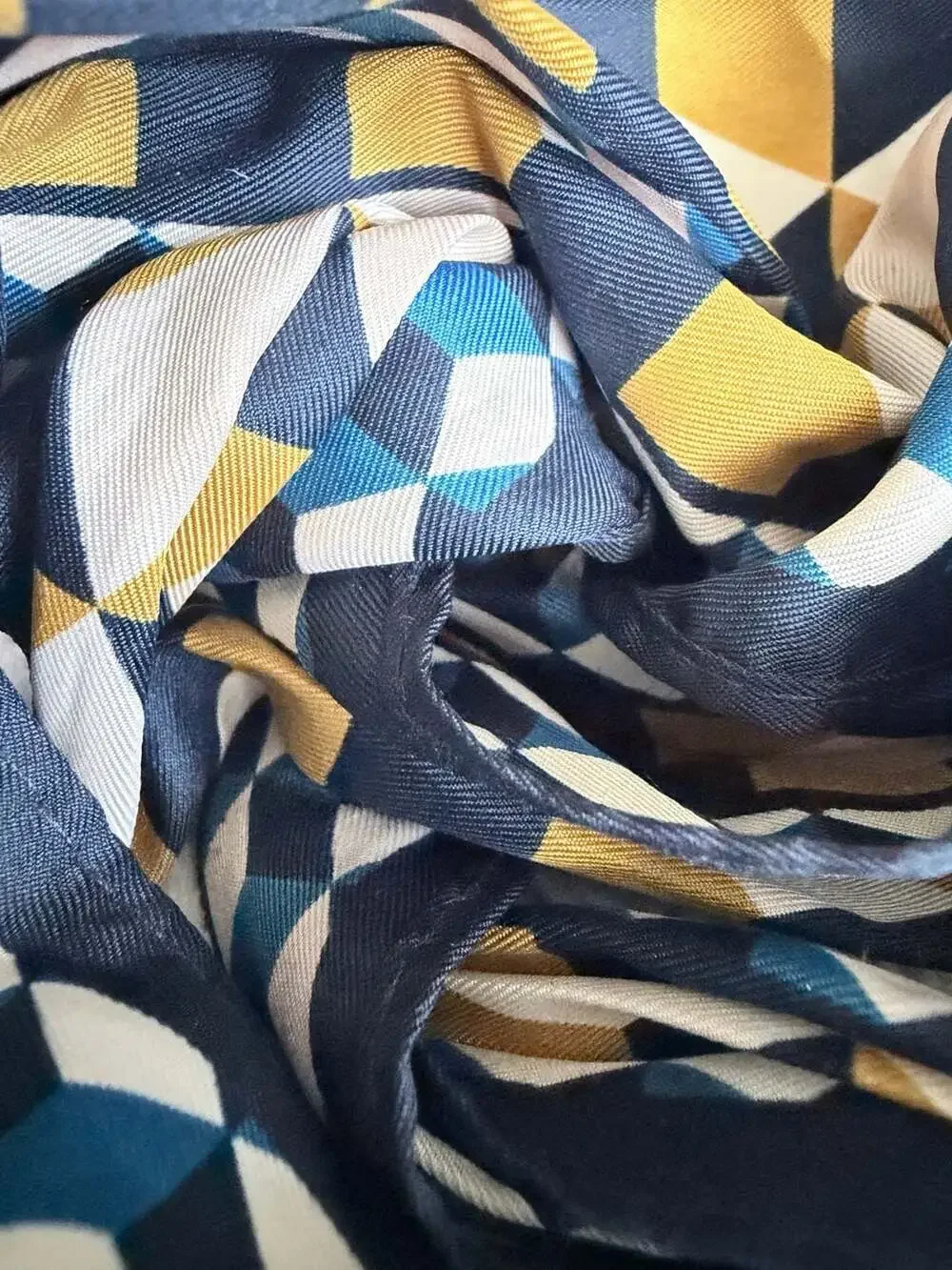 Geometric Pattern 100% Silk Twill Skinny Scarf, Navy Blue, Yellow, and White